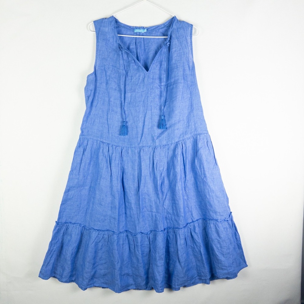 J.McLaughlin Linen Tiered Tassel Dress Womens XS Blue Coastal Resort Boho